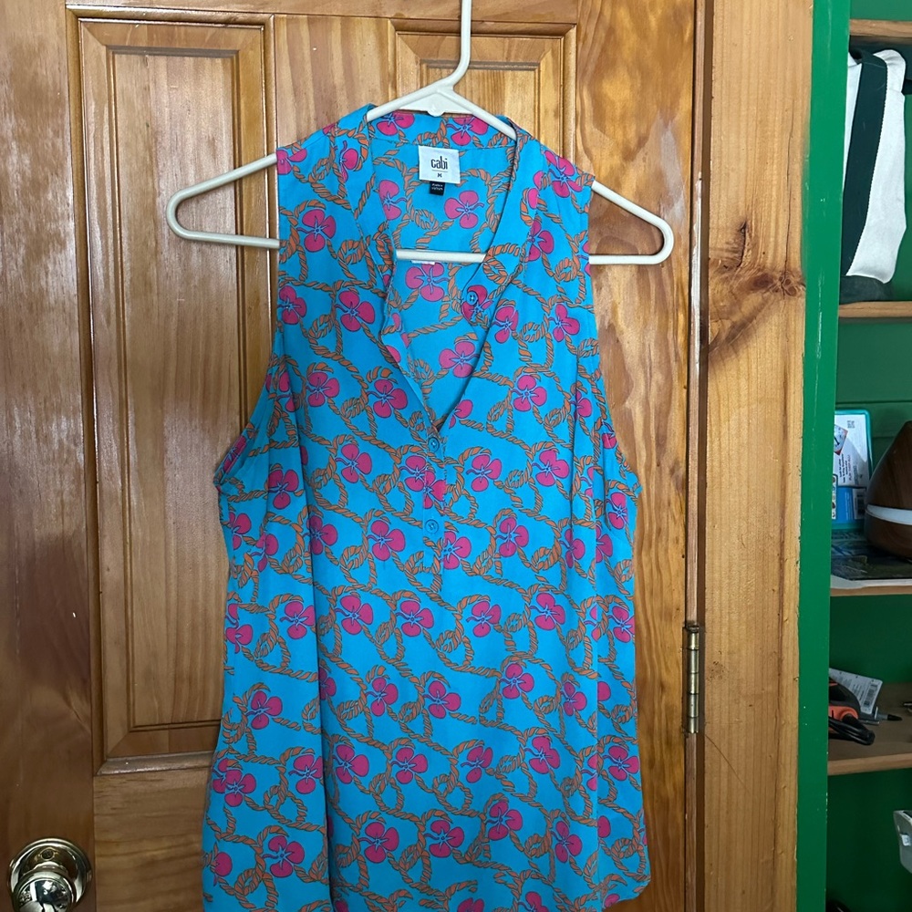 CAbi Blue and Pink Floral Blouse